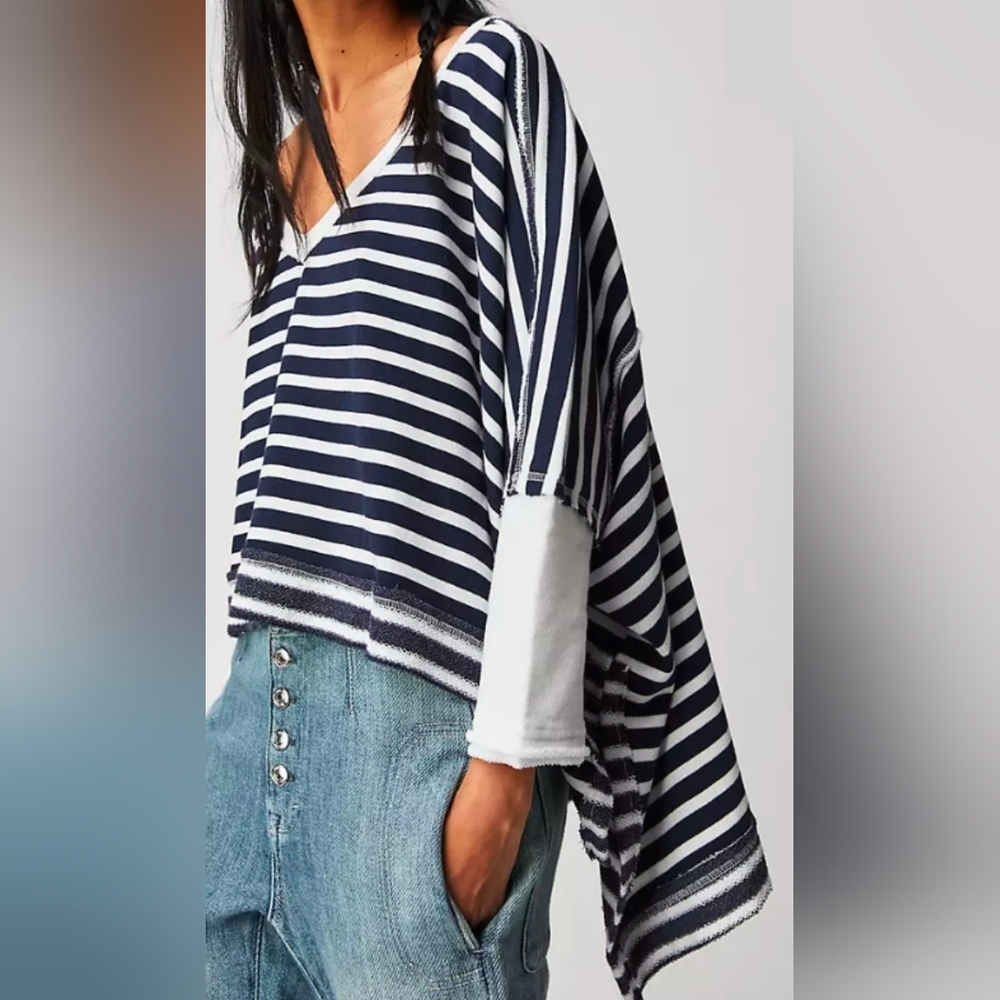 We The Free Navy and White Striped V-Neck Dolman Sweatshirt